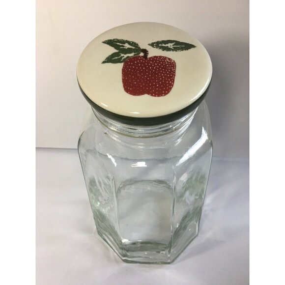 Unbranded Other - Glass Jar Canister W Ceramic Apple Lid Octagon Cookie Storage Kitchen Farmhouse